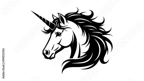 Majestic Unicorn Head Silhouette, Mythical Creature, Fantasy Animal, Vector Art