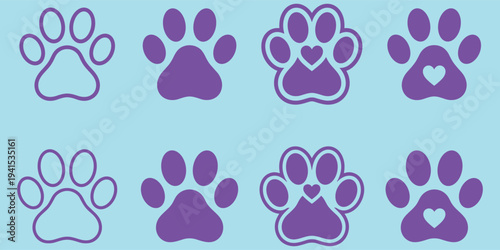 A collection of purple dog paw prints on a light blue background, featuring various designs including heart-shaped paws, ideal for pet-related businesses or love-themed projects.