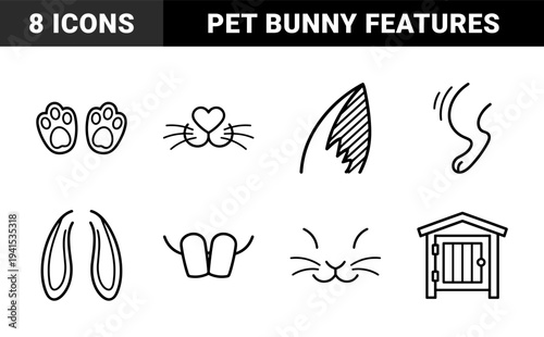 Rabbit care and pet ownership line art elements for veterinary branding. Minimalist monoline bunny features including long ears, paws, teeth, and wooden hutch.