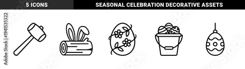 Easter holiday celebration elements and seasonal traditions. Bold monoline pictograms featuring decorated eggs, bunny log, wooden mallet, and festive garden bucket.
