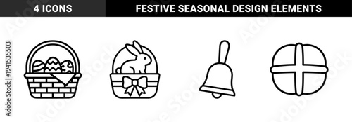 Easter holiday celebration elements featuring traditional symbols. Chunky monoline festive graphics including bunny basket, decorated eggs, hot cross bun, and church bell.