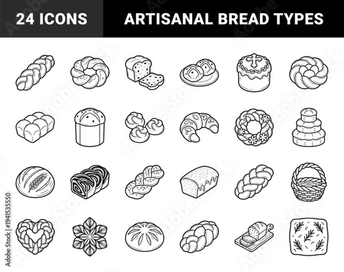 Assorted traditional bakery products and artisanal bread types. Minimalist bold line art featuring sourdough, challah, croissants, and festive pastries for menu design.