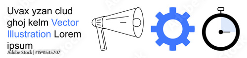 Communication, productivity, technology, team efficiency, task handling, and time management. Megaphone, gear and stopwatch on a white background. Communication and productivity concept