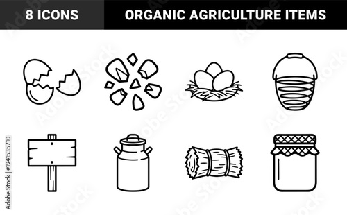 Farm to table agricultural elements for organic food branding. Technical monoline pictograms featuring nest, milk can, grain, and hay bale.