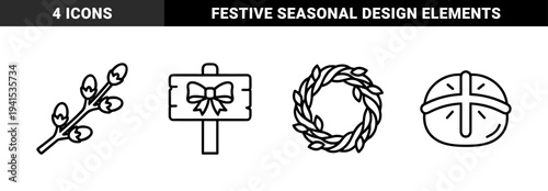 Easter holiday celebration elements in monoline black and white aesthetic. Spring seasonal pictograms featuring pussy willow, hot cross bun, floral wreath, and festive signage.