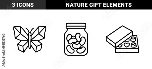 Whimsical gift and nature elements for artisan branding. Chunky monoline illustrations featuring a bean jar, geometric butterfly, and chocolate box.
