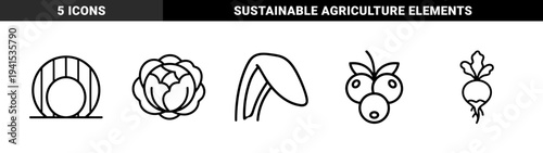 Sustainable agriculture and organic farming elements featuring sprouting seeds, cabbage, greenhouse structure, radish, and berry clusters in a clean monoline aesthetic.