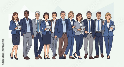 Diverse group of professionals in business attire using digital devices