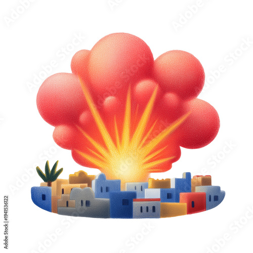 Bomb explosion at the town houses. Sticker drawing style illustration.