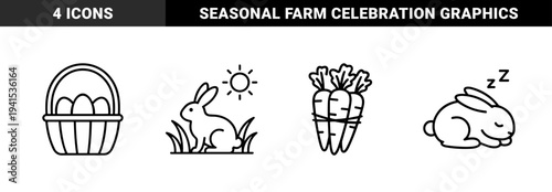Easter holiday and spring farming line art elements for seasonal branding. Technical monoline pictograms featuring rabbits, eggs, and carrots.