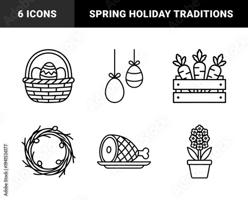 Easter celebration elements in chunky monoline style: decorated eggs, wicker basket, garden carrots, spring wreath, potted hyacinth, and traditional glazed ham.