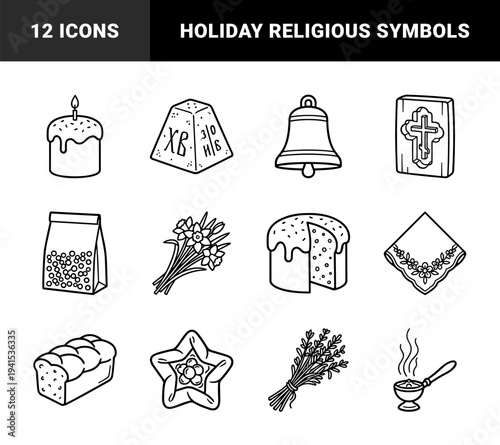 Orthodox Easter celebration symbols and traditional holiday food. Minimalist monoline line art featuring kulich cake, pascha, church bell, and spring flowers.