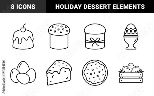 Easter holiday celebration treats and traditional food symbols. Monoline black and white line art featuring festive cakes, decorated eggs, and seasonal desserts.
