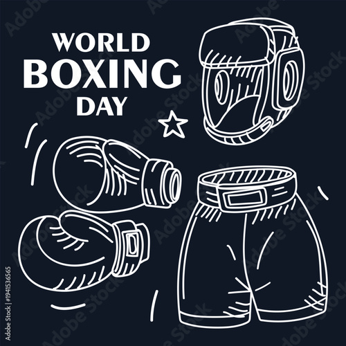World Boxing Day greeting card with outline boxing gloves, shorts and protective helmet isolated on dark background. Flat illustration for sports event posters or fitness center banners. square