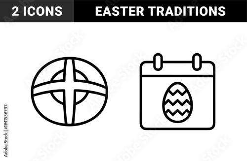 Easter holiday and religious celebration line art featuring a calendar with decorated egg and traditional hot cross bun. Minimalist monoline symbols for seasonal spring festivities.