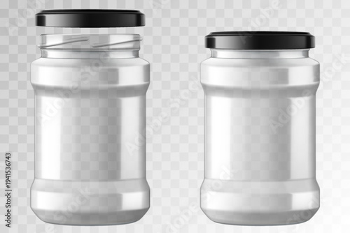 Glass jars with metal black screw lid. Open and closed jars isolated on transparent background, packaging mockup template. Empty food or cosmetic product container. Realistic 3d vector illustration.