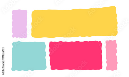 Wavy rectangle set in pastel colors on light background, abstract hand drawn frames with organic edges. Modern design elements for banners, social media, posters and web templates. Vector illustration