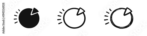 Pie chart icon set with highlighted segment for data analysis and percentage distribution in solid, outline, and sketchy styles.