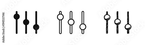 Equalizer mixer fader icon set for audio control and settings in solid, outline, and sketch styles. Adjustment sliders vector icons.