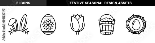 Easter celebration and springtime nature elements for holiday branding. Linear monolinear graphics featuring decorated egg, tulip flower, bunny ears, bucket, and bird nest.