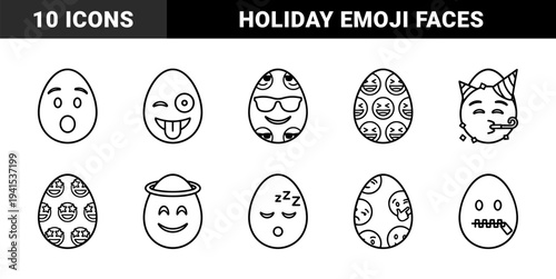 Easter egg emoji characters with diverse facial expressions and festive patterns. Minimalist monoline coloring book style featuring celebration and holiday emotion symbols.