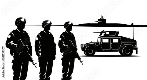 Military Soldiers, Humvee, and Submarine Silhouette on White Background
