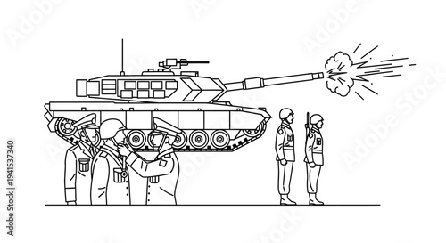 Military Tank Firing with Soldiers in Uniform and Protective Gear