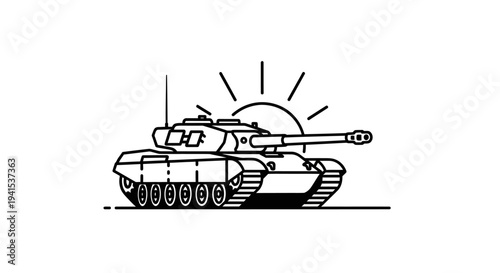 Military Tank Silhouette with Sunrise and Rays
