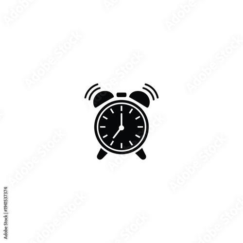 Solid fill of a black alarm clock with ringing bells and sound waves