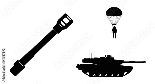 Military Tank, Paratrooper, and Cannon Barrel Silhouette Icons