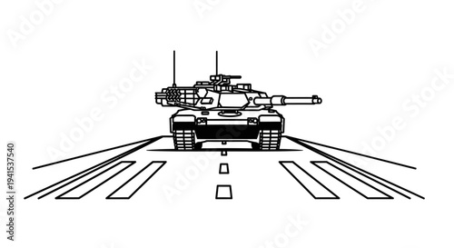 Modern Tank on Highway, Military Vehicle Driving on Road, Warfare Concept