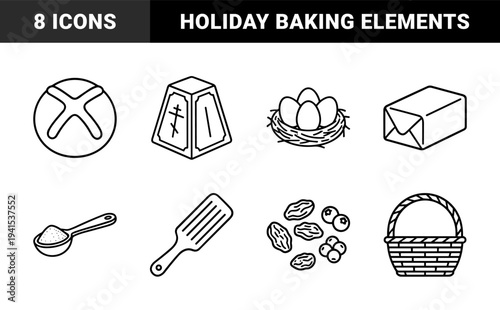 Traditional Eastern Orthodox Easter celebration elements featuring Paskha cheese mold, dyed eggs in nest, kulich bread, and baking ingredients in monoline style.