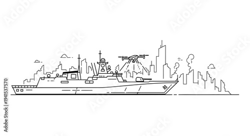 Modern warship with drone launching over futuristic city skyline, defense technology concept