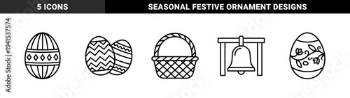 Easter holiday celebration elements featuring decorative eggs and woven basket. Minimalist monoline black and white graphics for seasonal spring branding.