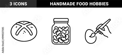Traditional culinary and artisanal craft monoline elements. Hand-drawn minimalism featuring rustic bread loaf, preserved bean jar, and egg painting brush.