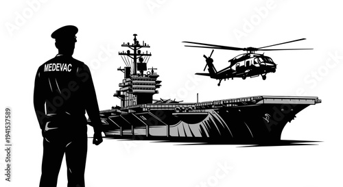 Navy Helicopter Landing on Aircraft Carrier with Medic in Foreground