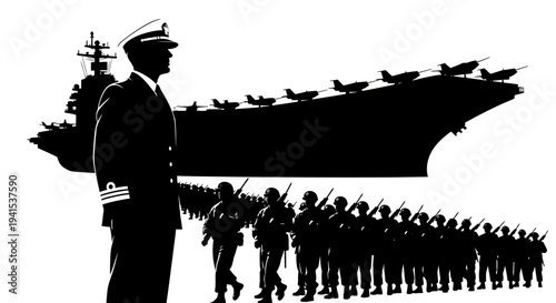 Naval Officer Leading Military Parade with Aircraft Carrier and Soldiers Silhouette