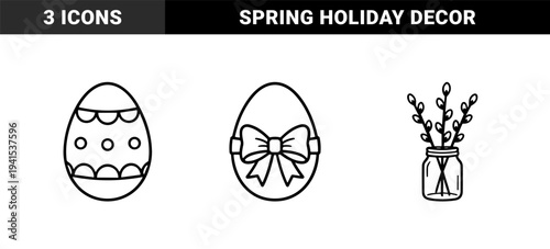 Easter holiday celebration elements featuring decorated eggs and pussy willow branches in glass jar. Minimalist monoline black and white line art for seasonal spring decor.
