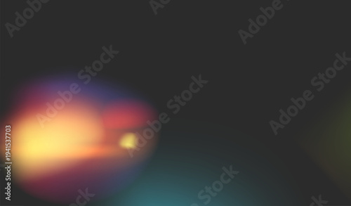 Colorful lens flare and light leak overlay isolated on dark background. Abstract rainbow bokeh effect with soft blurred gradient. Retro film burn texture for design.