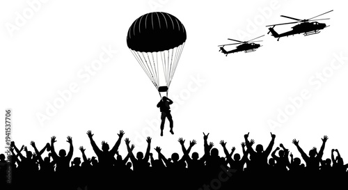 Paratrooper Jumps from Helicopter into Cheering Crowd Silhouette