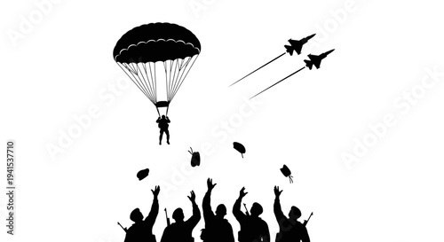 Paratrooper Jumps From Plane with Fighter Jets Flying Overhead, Soldiers Below Cheer