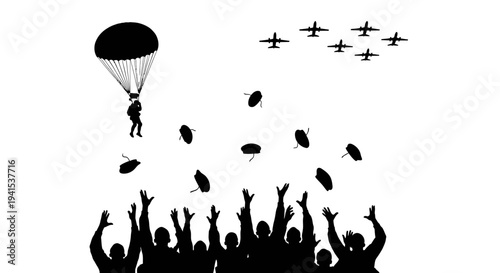 Paratrooper Jumps from Plane with Crowd Cheering Below and Parachutes Falling