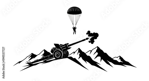 Paratrooper Jumps Over Mountain Cannon Firing in Dramatic Military Action Scene