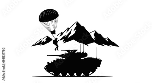 Paratrooper Jumps Over Tank with Mountain Background - Military Operation Concept