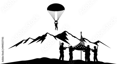 Paratrooper Landing with Soldiers Raising American Flag on Mountain Summit