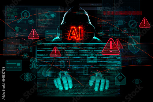 Artificial intelligence used for cyber attacks, showing AI as threat with malware code, alerts and digital interface over a hacker silhouette