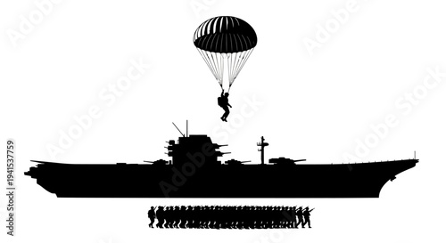 Paratrooper landing on aircraft carrier with soldiers below, military operation silhouette