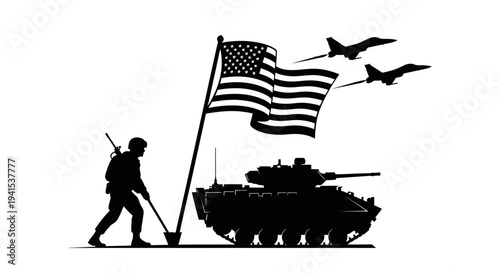 Patriotic Silhouette: Soldier, Tank, Jets, and American Flag