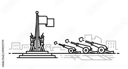 Patriotic Ceremony: Flag Raising with Cannons and City Skyline