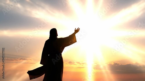 Jesus reaches toward glowing cross in sky at sunrise. Silhouette of holy figure seeking divine light. Christian spiritual faith representation for religious theme.